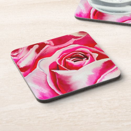 Pink roses romantic watercolor art beverage coaster