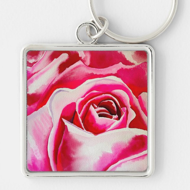 Pink roses romantic watercolor art keychain (Front)