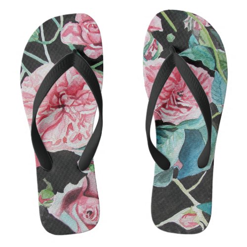 Pink Roses Rose floral flowers watercolor Thongs Flip Flops