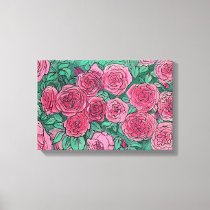 Pink Roses, Rose Flowers Garden Floral Art Sketch Canvas Print