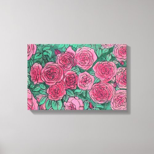 Pink Roses Rose Flowers Garden Floral Art Sketch Canvas Print