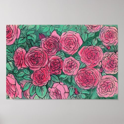 Pink Roses Rose Flowers Garden Floral Art Sketch Poster