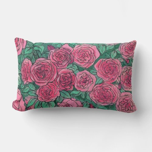 Pink Roses Rose Garden Life Sketch Ink Pastels Lumbar Pillow