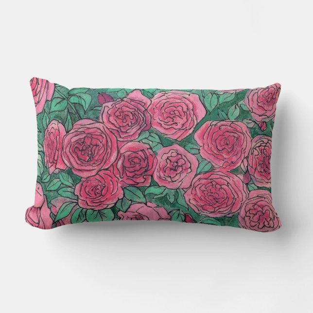 Pink Roses, Rose Garden, Life Sketch Ink Pastels Lumbar Pillow (Front)
