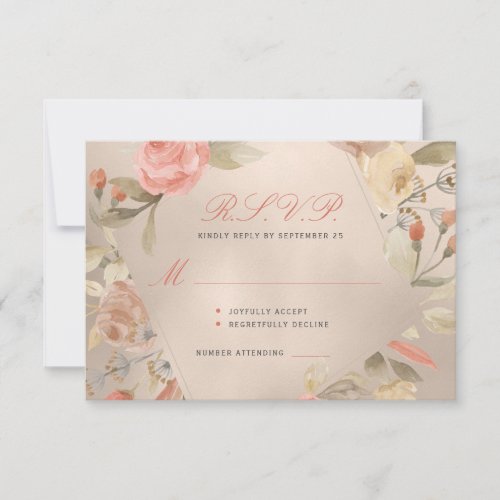 Pink roses rose gold romantic script wedding RSVP card