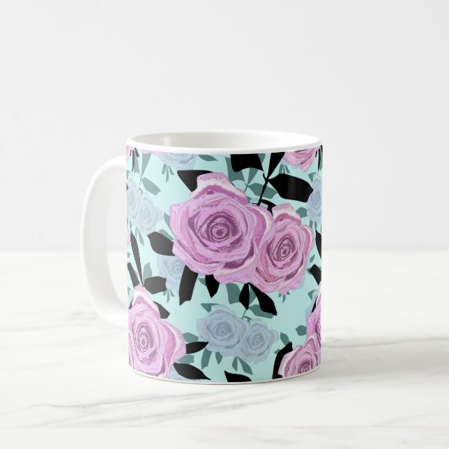  pink roses, roses , turquoise background   coffee mug (Front Left)