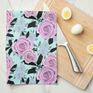 pink roses, roses , turquoise background kitchen towel