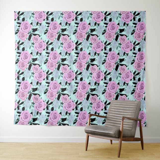  pink roses, roses , turquoise background   tapestry (In Situ (Horizontal))