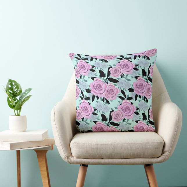  pink roses, roses , turquoise background  throw pillow (Chair)