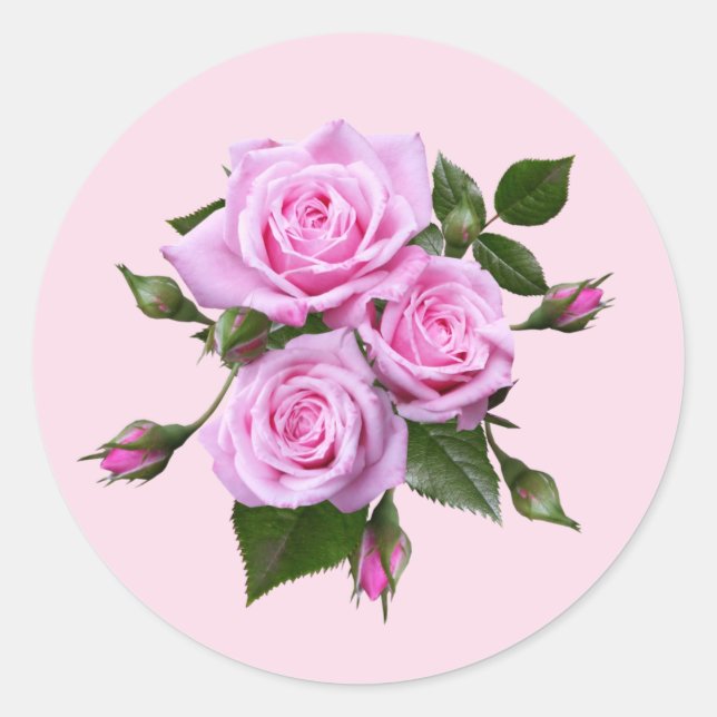 Pink Roses Round Stickers Envelope Seals (Front)