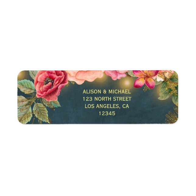 Pink roses rustic golden lights navy wedding rsvp label (Front)