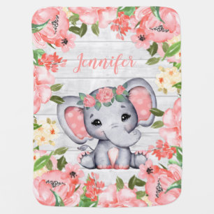 Pink Roses Rustic Wood Elephant Custom Name Cute B Baby Blanket