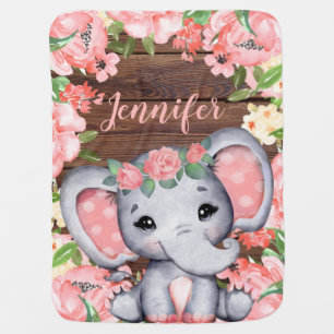 Pink Roses Rustic Wood Elephant Custom Name Cute Baby Blanket