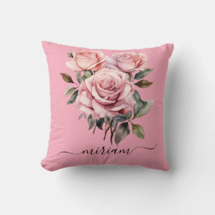 Pink Roses Sage Green Classic Floral  Throw Pillow