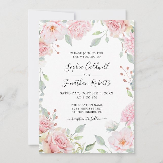 Pink Roses Sage Greenery All in One Wedding Invitation (Front)