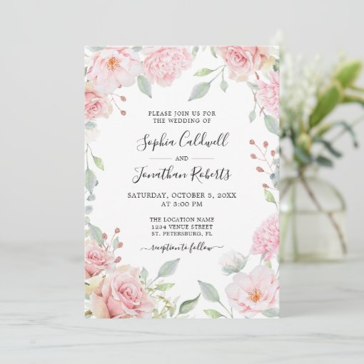 Pink Roses Sage Greenery All in One Wedding Invitation | Zazzle