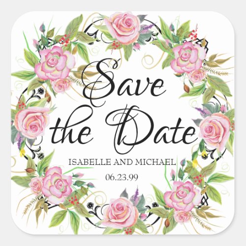 Pink Roses Save the Date Personalized Square Sticker