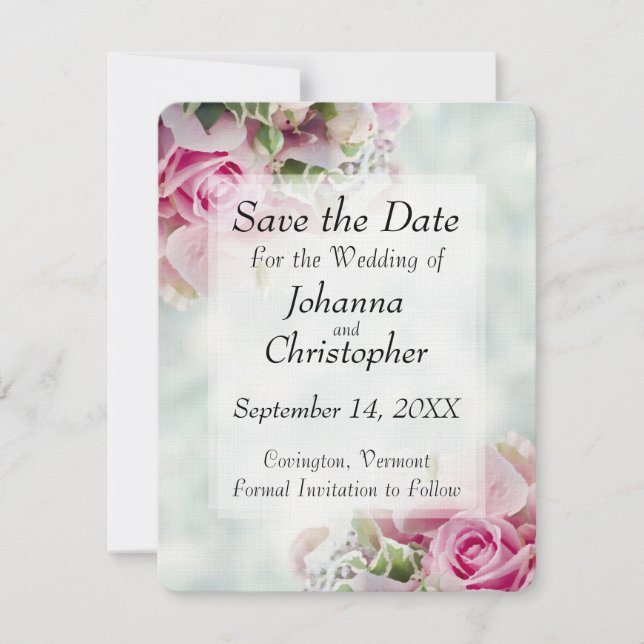 Pink Roses Save the Date Wedding Card (Front)