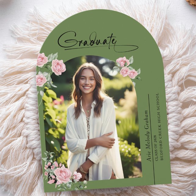 Pink Roses Script Photo Graduation Announcement (Creator Uploaded)