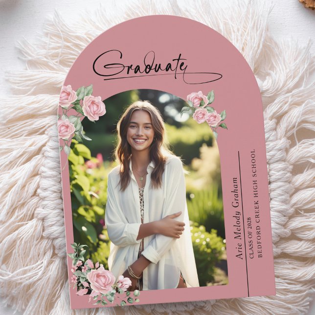 Pink Roses Script Photo Graduation Announcement (Creator Uploaded)