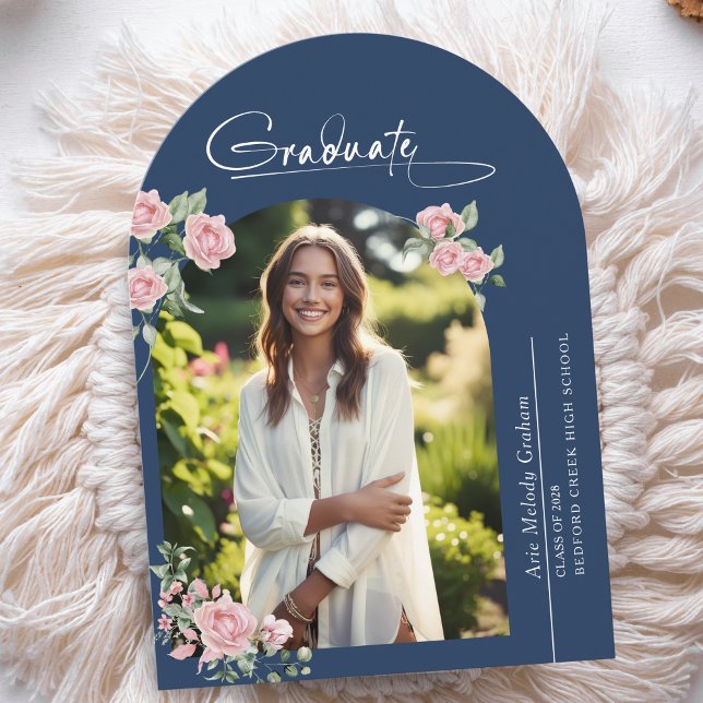 Pink Roses Script Photo Graduation Announcement (Creator Uploaded)