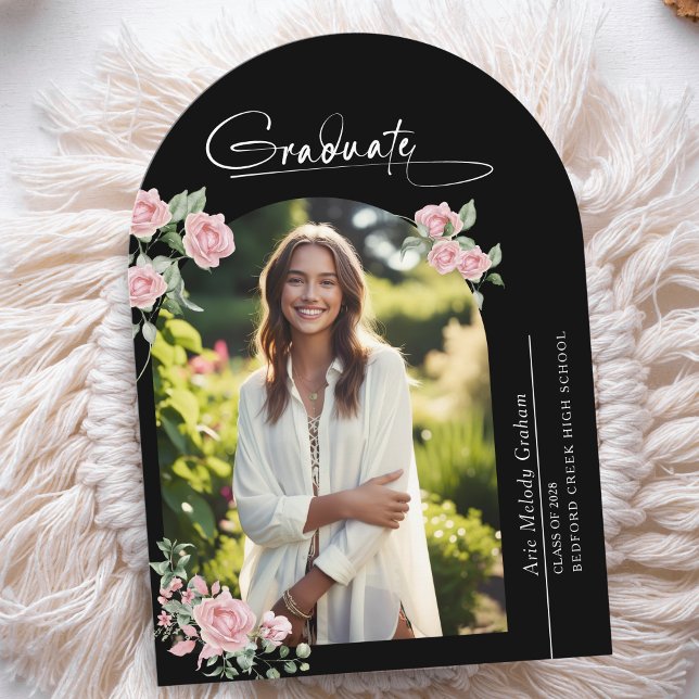 Pink Roses Script Photo Graduation Announcement (Creator Uploaded)