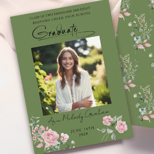 Pink Roses Script Photo Graduation Announcement