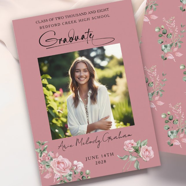 Pink Roses Script Photo Graduation Announcement (Creator Uploaded)