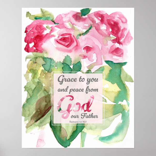 Pink Roses Scripture Romans Grace to You Poster (Front)