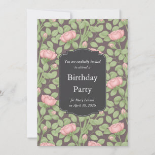 Pink Roses Secret Garden Dark Plum Birthday Invitation