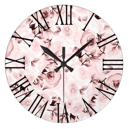 Pink Roses Shabby Chic Glam Floral Decor Large Clock