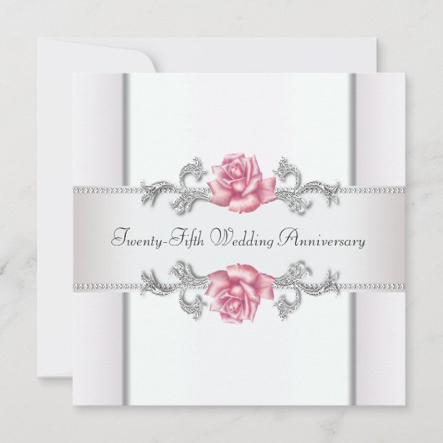 Pink Roses Silver 25th Wedding Anniversary Invitation (Front)