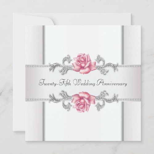 Pink Roses Silver 25th Wedding Anniversary Personalized Invitations