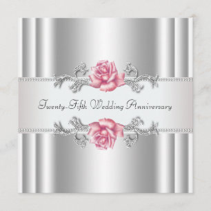 Pink Roses Silver 25th Wedding Anniversary Invitation