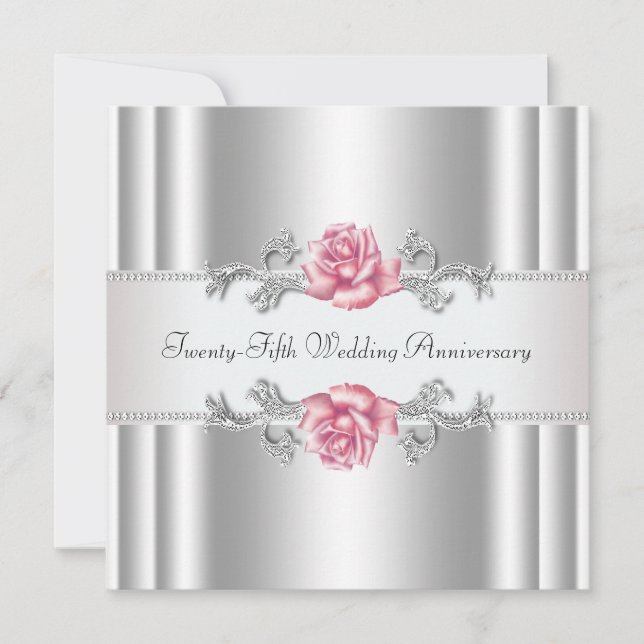 Pink Roses Silver 25th Wedding Anniversary Invitation (Front)