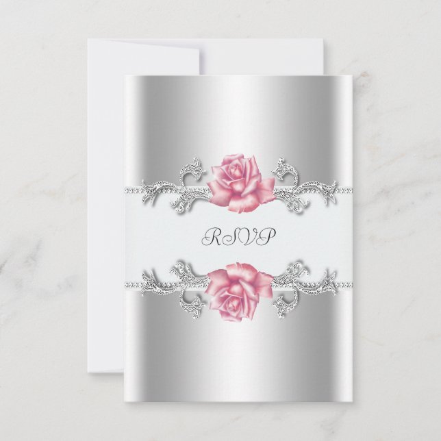 Pink Roses Silver 25th Wedding Anniversary RSVP Card (Front)