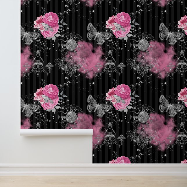 Pink Roses Silver Glitter Butterfly Black Stripes Wallpaper (Application)