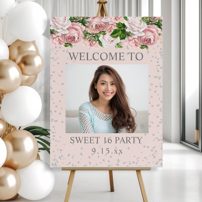 Pink Roses Silver Glitter Sweet 16 Welcome Photo Foam Board (Blush pink vintage floral Sweet 16 photo "Welcome" sign
)