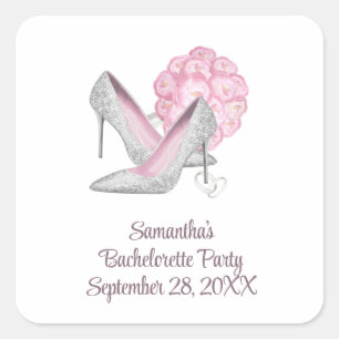 Pink Roses Silver Heels Glam Bachelorette Party Square Sticker