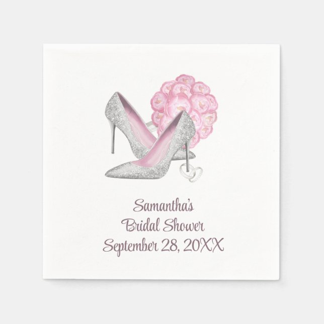 Pink Roses Silver Heels Glam Bridal Shower Napkins (Front)
