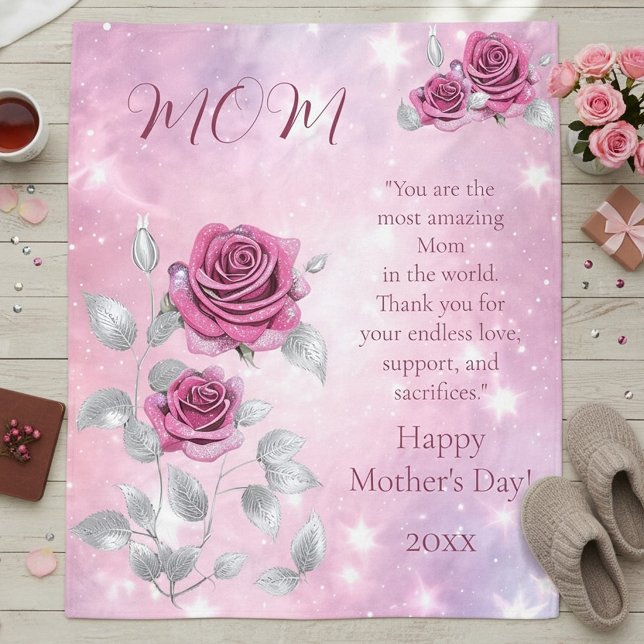 Pink Roses Silver Leaves Sparkling Mom's Fleece Blanket (Creator Uploaded)