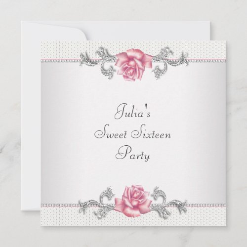 Pink Roses Silver Pink Sweet Sixteen Party Invites