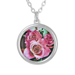 PINK ROSES SILVER PLATED NECKLACE