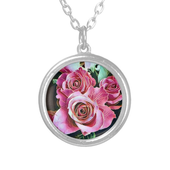 PINK ROSES SILVER PLATED NECKLACE (Front)