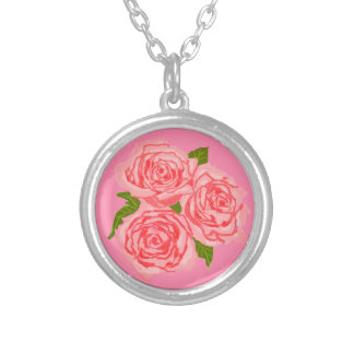 Pink roses silver plated necklace