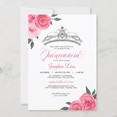 Pink Roses Silver Tiara Quinceaera Birthday Invitation
