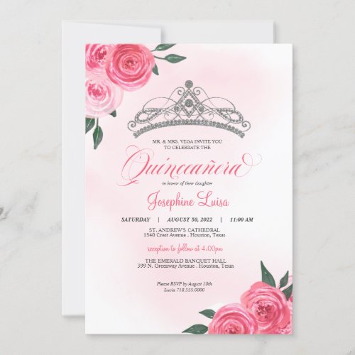 Pink Roses Silver Tiara Quinceaera Watercolor Invitation