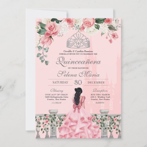 Pink Roses Silver Tiara Royal Princess Quinceaera Invitation