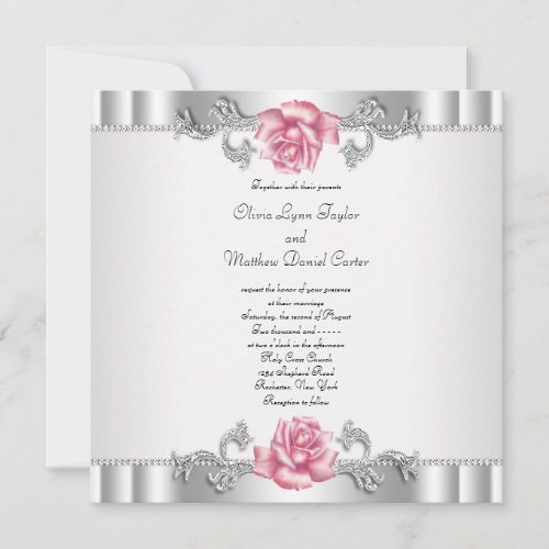 Pink Roses Silver White Pink Elegant Wedding Custom Invites