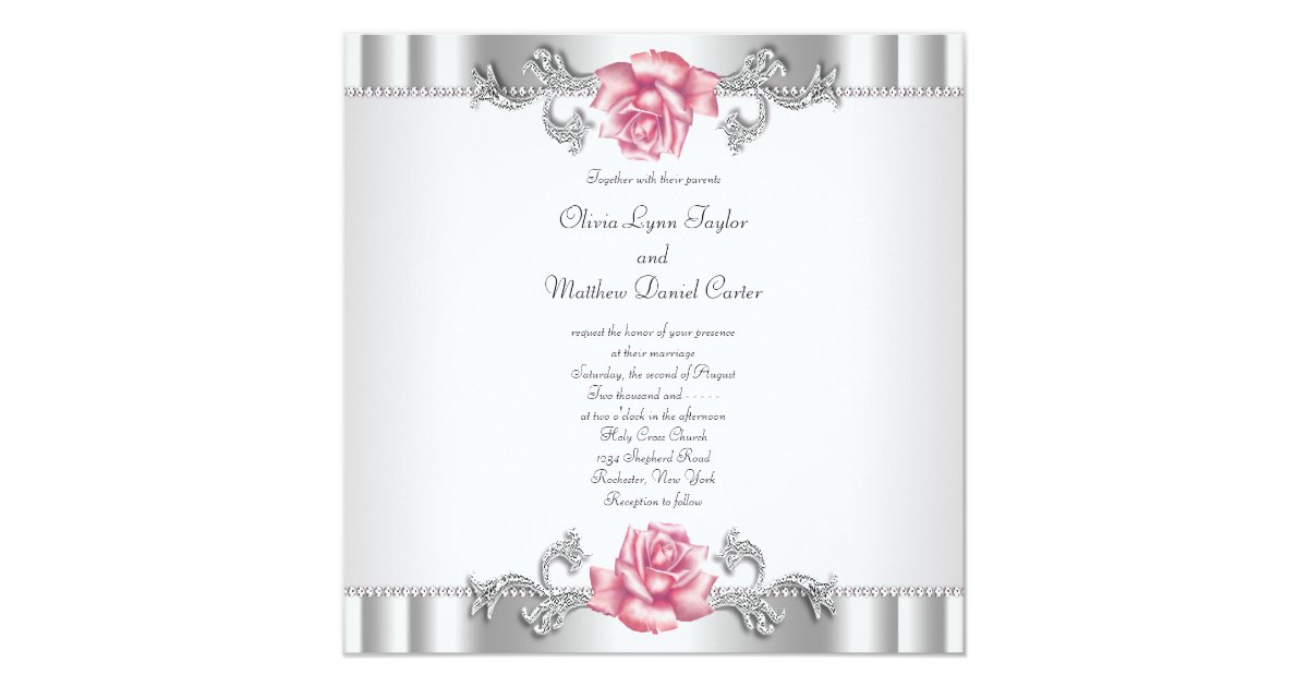 Pink Roses Silver White Pink Elegant Wedding Invitation
